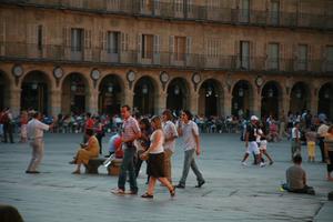 Castilla y Leon, casual, day, eye level view, group, people, plaza, Salamanca, Spain, summer, sunlight, sunny, sunshine