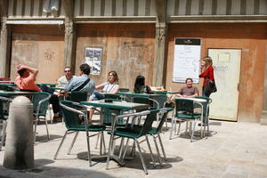 bollard, cafe, chair, Champagne-Ardenne, city, day, eye level view, France, furniture, group, people, summer, sunny, Troyes