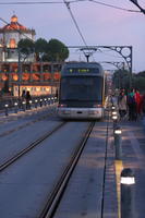 artificial lighting, evening, eye level view, Porto, Porto, Portugal, soft light, spring, street, tram, tramlines, twilight