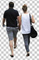 ambient light, back, casual, caucasian, couple, cutout, cutout couples, cutout people, day, eye level view, natural light, summer, walking