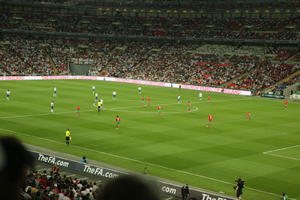 artificial lighting, crowd, elevated, England, football, football pitch, London, man, people, stadium, The United Kingdom