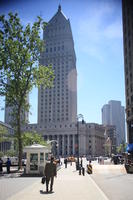 architecture, day, eye level view, kiosk, lamppost, man, Manhattan, New York, people, skyscraper, street, summer, The United States, tree, vegetation