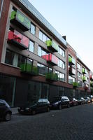 balcony, Belgium, Brussels, building, car, day, eye level view, facade, overcast, residential, street, summer