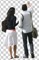 back, casual, couple, cutout, cutout couples, cutout people, day, eye level view, sunny, walking