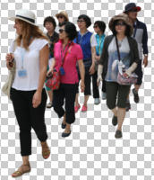 asian, casual, cutout, cutout groups, cutout people, day, eye level view, front, group, natural light, people, summer, tourist, walking