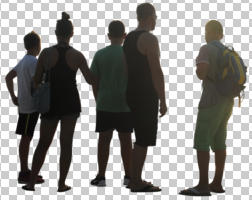 back, casual, caucasian, cutout, cutout groups, cutout people, day, diffuse, diffused light, eye level view, group, standing, summer