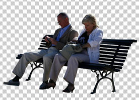 bench, casual, caucasian, couple, cutout, cutout couples, cutout people, day, elderly, eye level view, front, sitting, summer, sunny