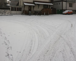 architecture, Blagoevgrad, Bulgaria, car, day, eye level view, house, overcast, road, snow, transport, winter