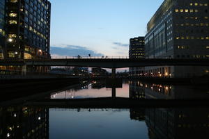 3-point perspective, architecture, bridge, building, cityscape, dusk, England, eye level view, facade, London, office, The United Kingdom