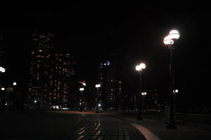 artificial lighting, building, city, city, city lights, cityscape, embankment, England, eye level view, housing block, London, night, pavement, promenade, sidewalk, street light, The United Kingdom, tower, winter