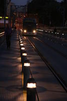 artificial lighting, evening, eye level view, lamp, Porto, Porto, Portugal, soft light, spring, street, tram, tramlines