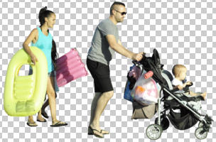 afternoon, beach, buggy, casual, cutout, cutout groups, cutout people, day, direct sunlight, eye level view, family, natural light, people, pushchair, side, summer, sunlight, sunny, walking