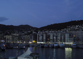 artificial lighting, boat, elevated, evening, France, harbour, Nice, night, Provence Alpes Cote D