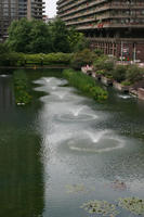 apartment, building, cloudy, day, England, eye level view, fountain, garden, London, plant, pond, residential, The United Kingdom, vegetation, water lily