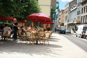 cafe, chair, Champagne-Ardenne, city, day, eye level view, France, furniture, group, people, summer, sunny, Troyes