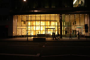 artificial lighting, England, entrance, evening, eye level view, London, office building, outdoor lighting, street, summer, The United Kingdom