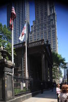 architecture, column, day, eye level view, flag, Manhattan, New York, object, railing, skyscraper, street, summer, The United States