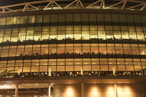 artificial lighting, below, England, facade, glass, London, night, stadium, The United Kingdom