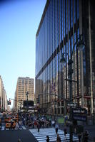 building, car, crossing, crowd, day, elevated, facade, lamppost, Manhattan, New York, people, sign, standing, street, summer, sunny, taxi, The United States, walking, woman