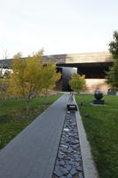 autumn, broad-leaf tree, broad-leaved tree, California, day, diffuse, diffused light, eye level view, grass, park, path, pavement, San Francisco, sculpture, The United States