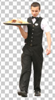 cutout, cutout men, cutout people, day, diffuse, diffused light, eye level view, front, male, man, summer, waiter, walking