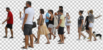 casual, cutout, cutout groups, cutout people, day, diffuse, diffused light, eye level view, group, side, summer, walking