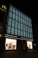 3-point perspective, artificial lighting, Belgium, Brussels, building, eye level view, facade, glass, night, retail, summer