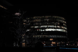 artificial lighting, building, city, city lights, England, eye level view, facade, Liverpool, night, office building, outdoor lighting, The United Kingdom, urban