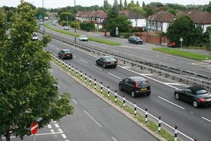 car, day, elevated, England, guardrail, London, natural light, road, The United Kingdom, tree, vegetation