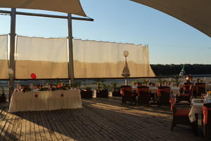 afternoon, Bulgaria, eye level view, restaurant, Ruse, summer, sunlight, sunset, sunshine, table, terrace