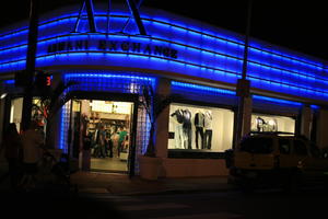 artificial lighting, building, eye level view, facade, Florida, fluorescent, mannequin, Miami, night, retail, shop, sign, The United States, winter