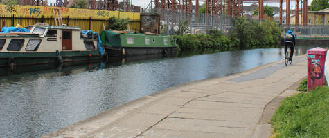 boat, canal, day, England, eye level view, London, path, spring, sunny, The United Kingdom