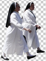 caucasian, couple, cutout, cutout couples, cutout people, day, eye level view, female, nun, side, summer, sunny, walking, woman