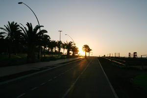 backlight, Canarias, contre-jour, eye level view, Las Palmas, silhouette, Spain, spring, street, sunlight, sunset