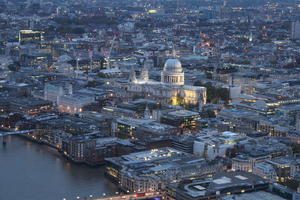 aerial view, artificial lighting, city, city lights, diffuse, diffused light, England, evening, London, St Paul