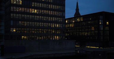 artificial lighting, Copenhagen , Denmark, diffuse, diffused light, eye level view, facade, Kobenhavn, night, office building