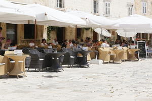 cafe, Croatia, day, eye level view, furniture, Hvar, pavement, Splitsko-Dalmatinska, summer, sunny, umbrella