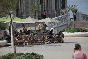 Aquitaine, Biarritz, cafe, chair, day, eye level view, France, furniture, parasol, spring, street, sunlight, sunny, sunshine