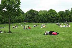 day, England, eye level view, grass, Hyde Park, laying, London, overcast, park, people, spring, The United Kingdom, tree, vegetation