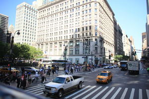 building, crossing, crowd, day, elevated, facade, jeep, Manhattan, New York, people, standing, street, summer, sunny, taxi, The United States, truck, walking