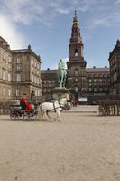 bell-tower, building, carriage, Copenhagen , day, Denmark, eye level view, horse, Kobenhavn, square, sunny, winter