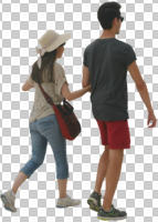 ambient light, back, casual, caucasian, couple, cutout, cutout couples, cutout people, day, eye level view, summer, walking