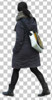 back, casual, cutout, cutout people, cutout women, day, diffuse, diffused light, eye level view, female, walking, winter, woman