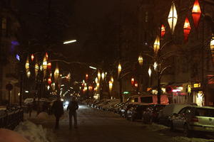 artificial lighting, Berlin, Berlin, car, car park, decoration, Deutschland, eye level view, night, outdoor lighting, snow, street, winter