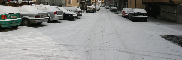 architecture, Blagoevgrad, Bulgaria, car, day, eye level view, house, overcast, road, snow, transport, winter