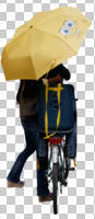 casual, couple, cutout, cutout couples, cutout people, cycling, day, diffuse, diffused light, eye level view, family, mother and child, natural light, standing, umbrella