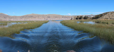 day, eye level view, lake, mountain, Peru, Puno, reed, sunny, winter