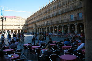 cafe, Castilla y Leon, day, eye level view, group, people, plaza, Salamanca, sitting, Spain, summer, sunlight, sunny, sunshine