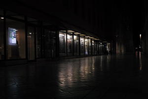 artificial lighting, bank, building, city, Croatia, eye level view, night, pavement, pavement, paving, spring, street, wet, Zadar, Zadarska