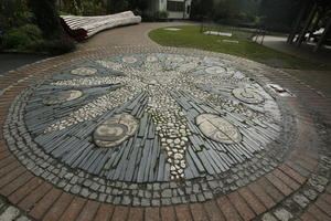 autumn, bench, day, diffuse, diffused light, Eden Project, England, eye level view, garden, pavement, The United Kingdom